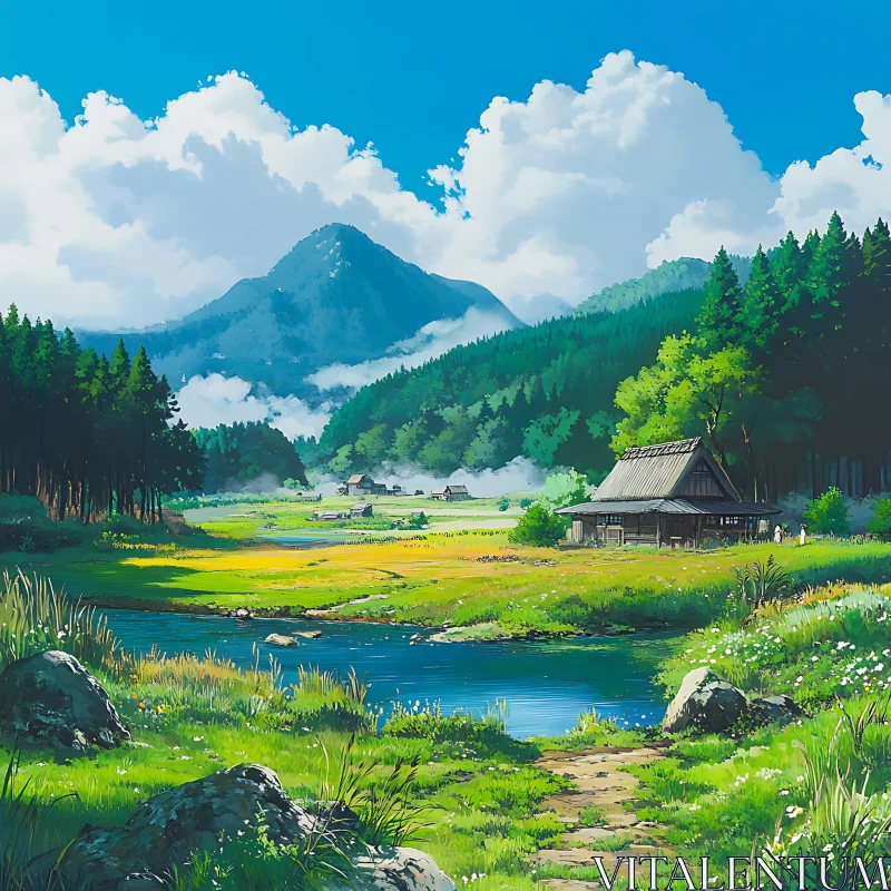 Serene Mountain River Scene AI Image