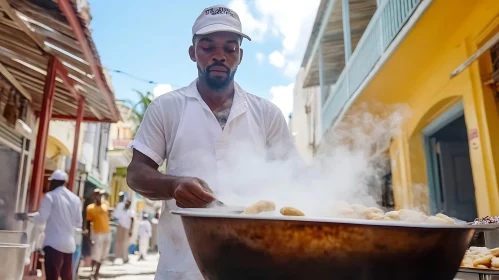 Urban Street Food Vendor Cooking in a Steaming Pan