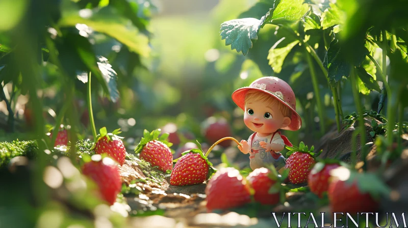 Child in Strawberry Patch AI Image