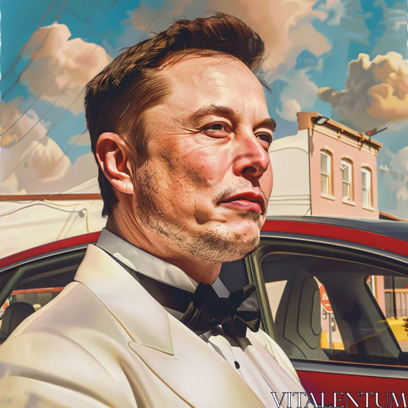 AI ART Elon Musk in Formal Attire Against a City Backdrop