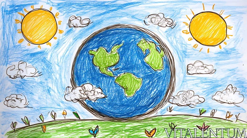 Playful Earth and Sky Drawing with Suns by Children AI Image