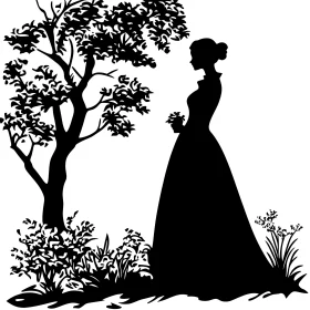 Monochrome Woman with Flowers near Tree