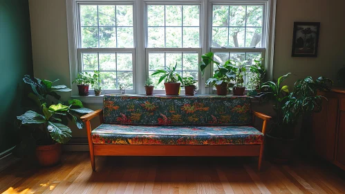 Sunlit Room with Plants and Sofa