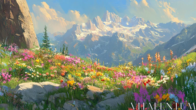 AI ART Scenic Mountain Landscape with Blooming Wildflowers