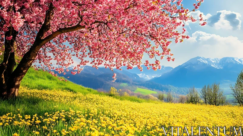 Blooming Spring Meadow with Mountain Backdrop AI Image