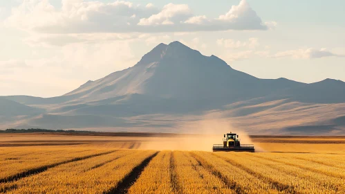 Harvesting Field with Mountain