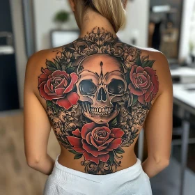 Intricate Skull and Rose Back Tattoo Art