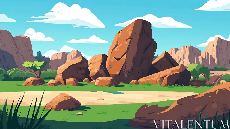 Stylized Rock Formation in Cartoon Landscape AI Image