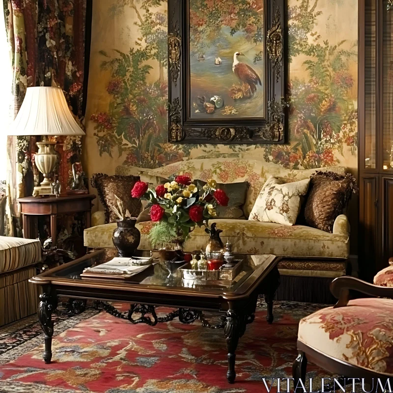 AI ART Elegant Living Room with Floral Wallpaper