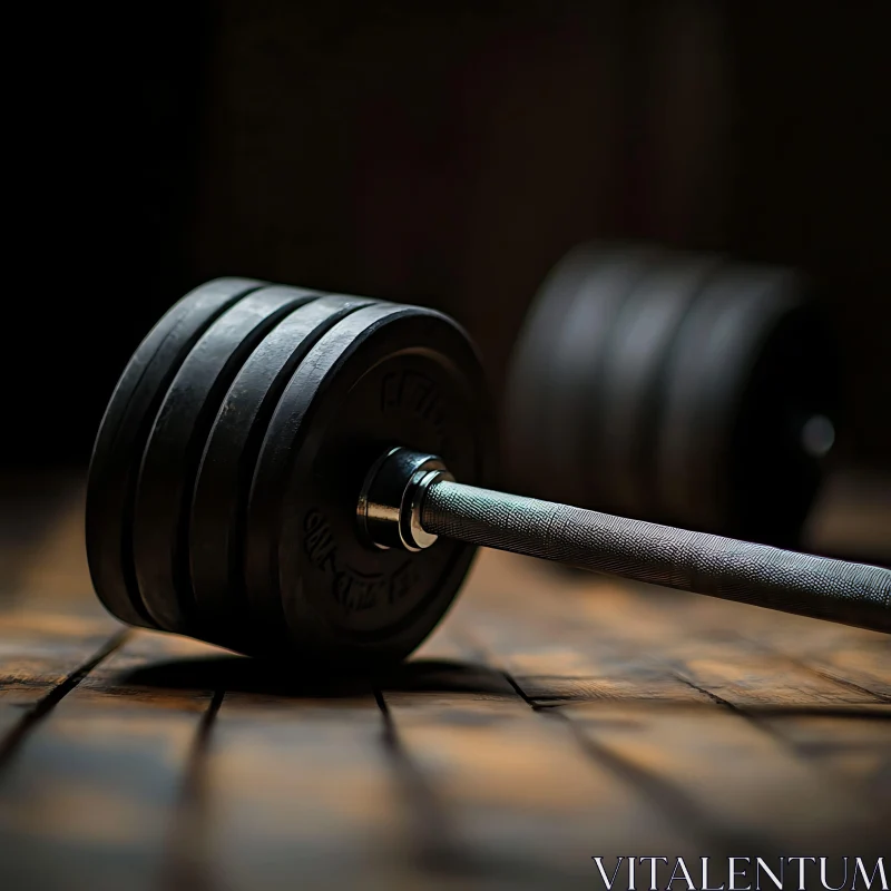 Barbell with Weights on Wooden Gym Floor AI Image