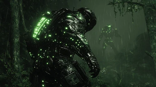 Futuristic Cyborg in Dark Forest