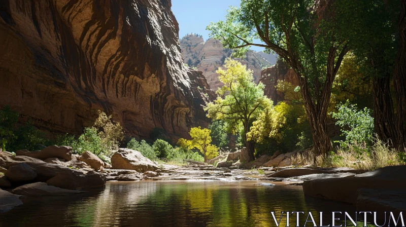 AI ART Canyon Landscape with River and Sunlit Trees