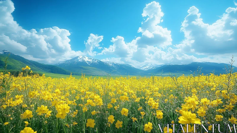 Scenic Landscape of Flower Field and Mountains AI Image