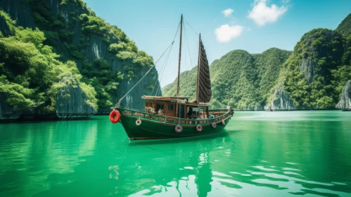 Boat on Turquoise Water in Front of Mountains - Traditional Vietnamese Style