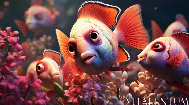 Charming 3D Fishes Surrounded by Floralpunk Elements AI Image