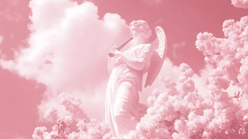 Pink Angel Playing Flute among Blossoms