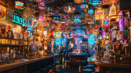 Eclectic Bar with Colorful Neon Illumination