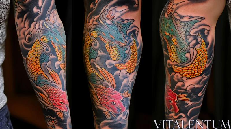 AI ART Colorful Dragon and Koi Fish Tattoo