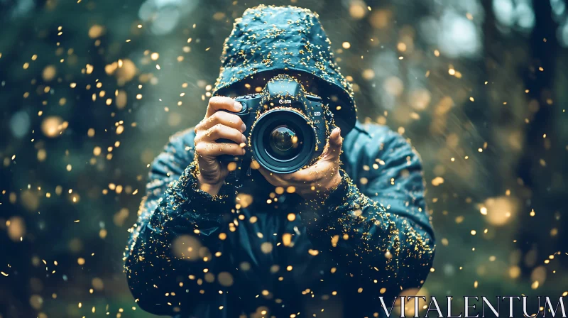 Person With DSLR in Rainy Outdoors AI Image