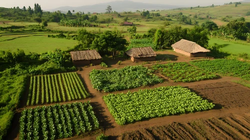 Aerial View of Green Fields and Huts