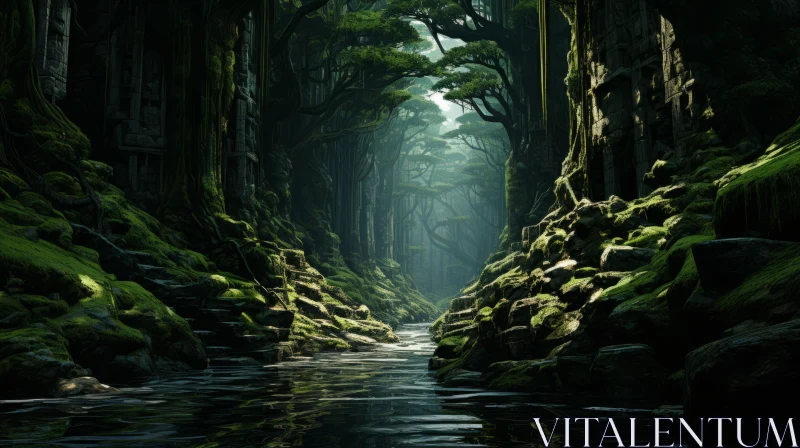 Enchanting Anime Fantasy River in a Lush Forest AI Image