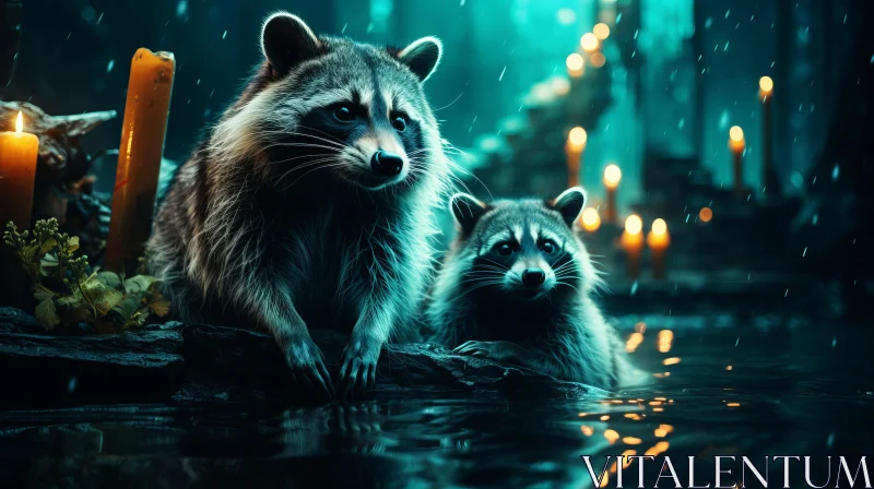 Epic Fantasy Scene: Raccoons in the Rain AI Image