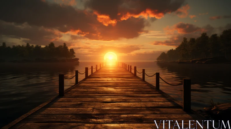 Ethereal Sunset on a Dock: A Tranquil Scene AI Image