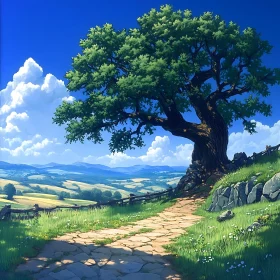 Scenic Vista: Tree, Path, and Rolling Hills