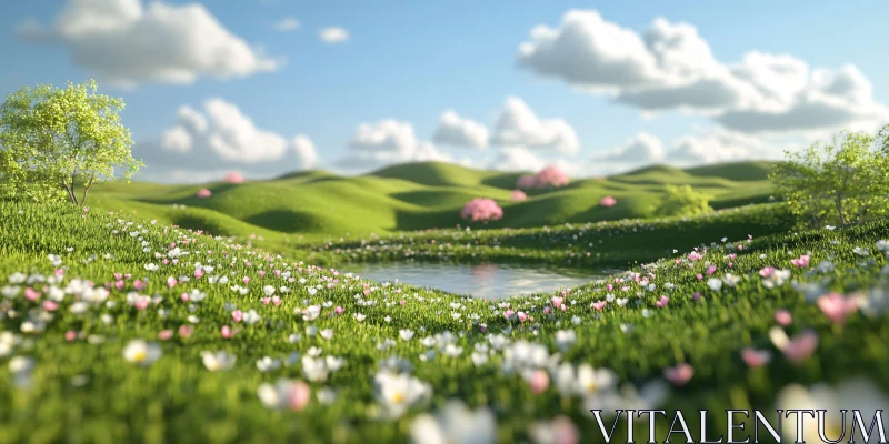 Peaceful Green Meadow with Blooming Flowers AI Image