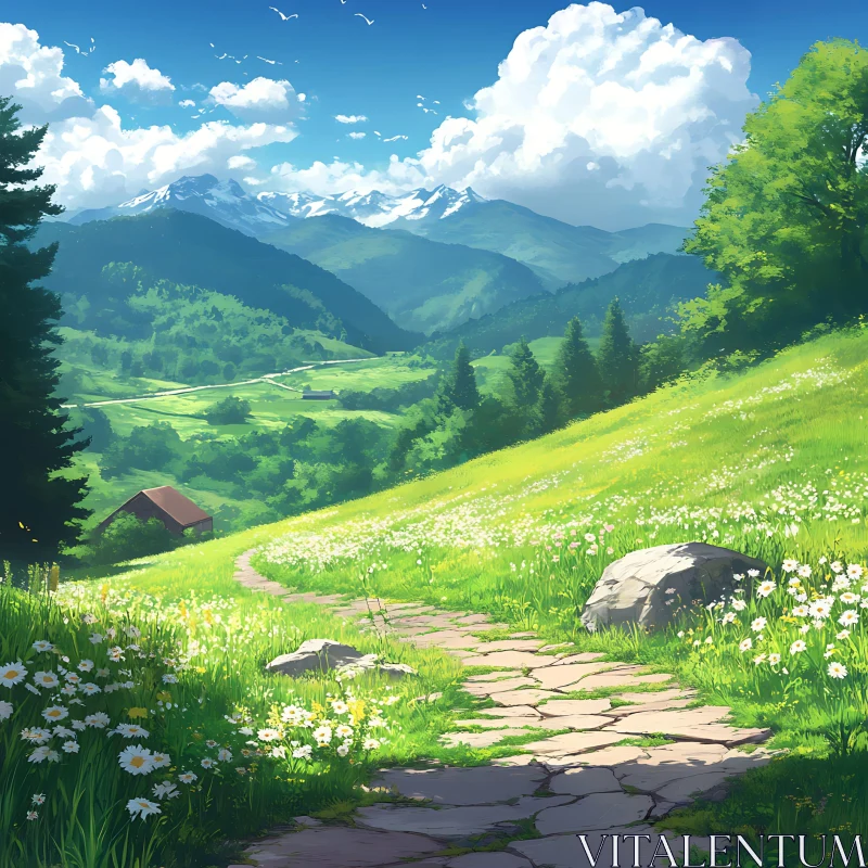 AI ART Scenic Path Through Mountain Flowers