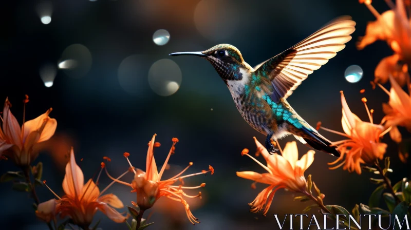 Hummingbird in Flight with Floral Ambience Near Water AI Image