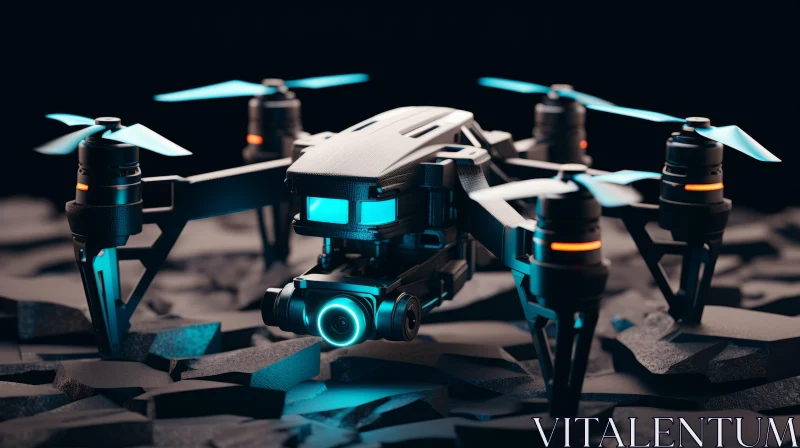 Illuminated Drone Over Rocky Terrain: Retro Futuristic Aesthetic AI Image