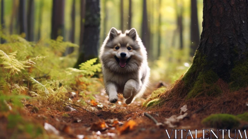 Joyful Dog Running through Lush Forest AI Image