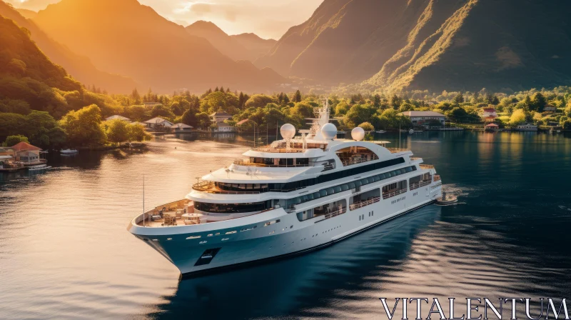 Luxury Ship Sailing on a Serene Lake with Majestic Mountains AI Image