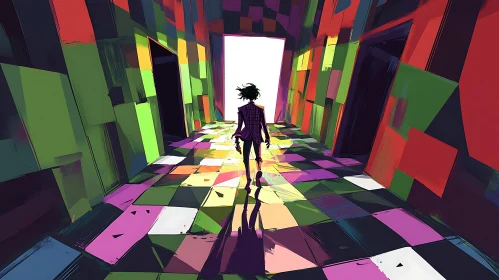 Person Walking Through Colorful Abstract Hallway