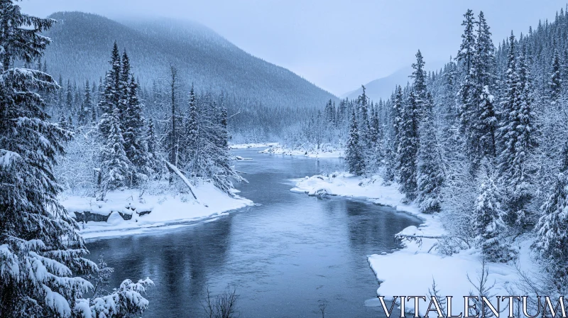 AI ART Peaceful Snowy Forest with River and Mountains