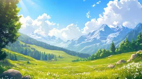 Green Hills and Snowy Peaks Scenery