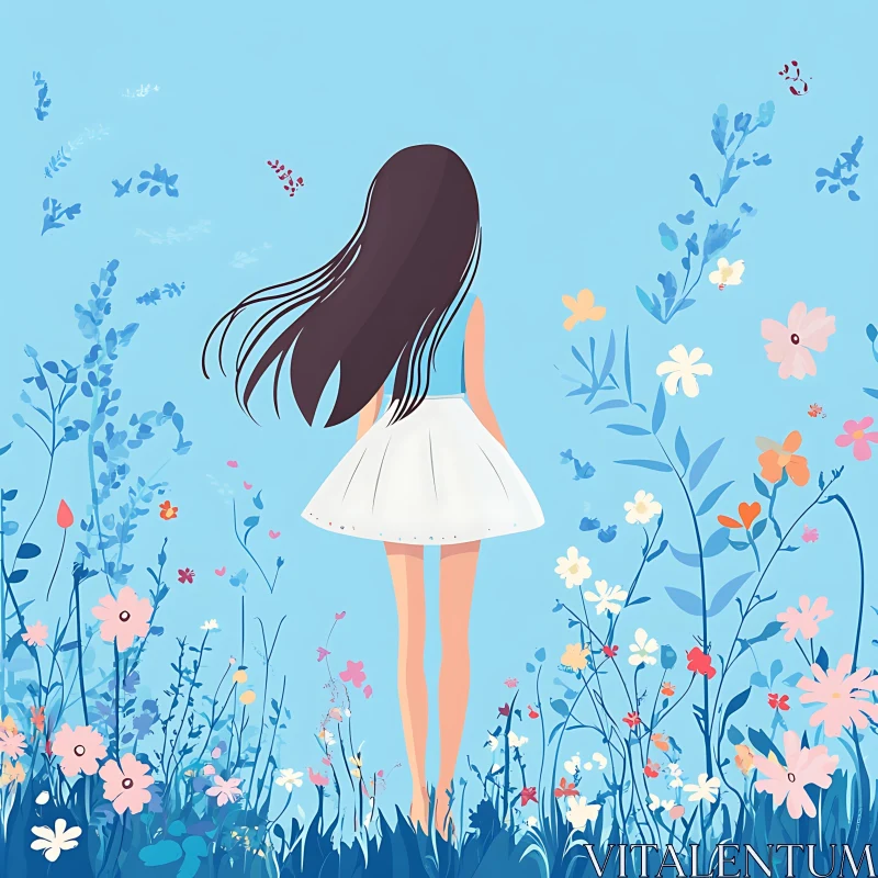 Back View Girl in Flower Garden AI Image