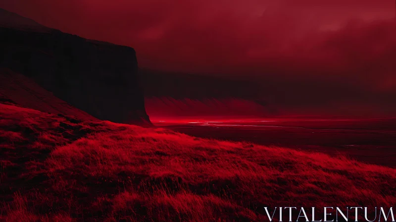 AI ART Monochromatic Red Field and Mountain