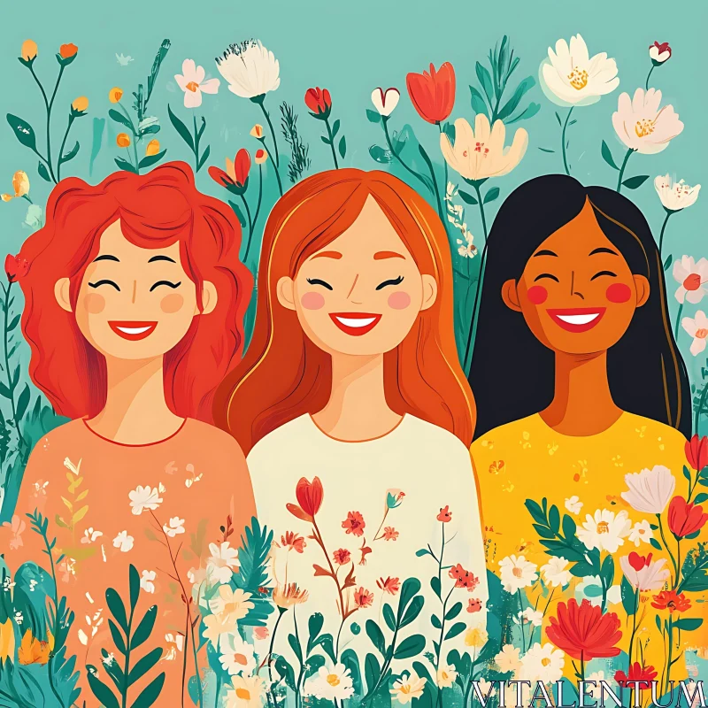 Three Women in Floral Meadow AI Image