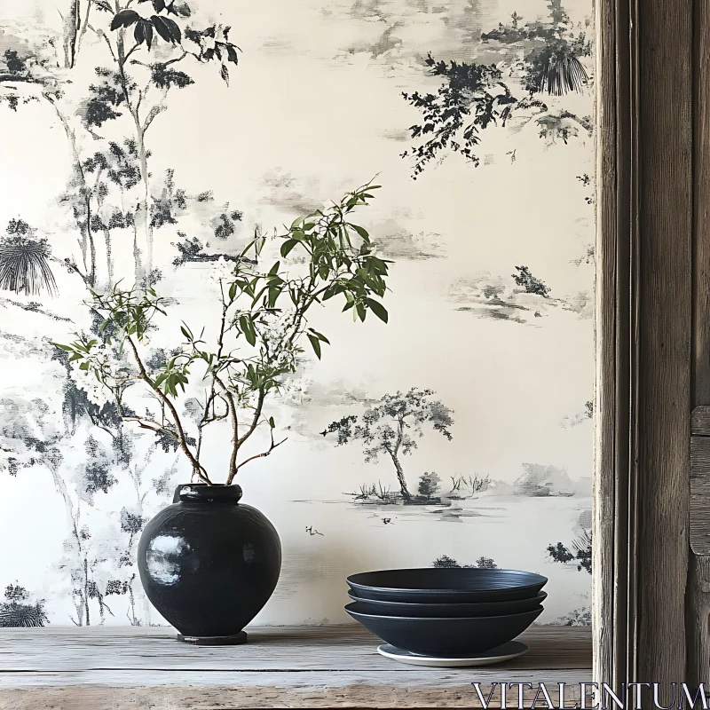 AI ART Monochrome Still Life with Vase and Bowls