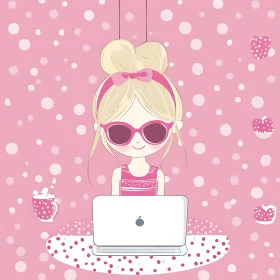 Pink Polka Dot Girl Working on Laptop