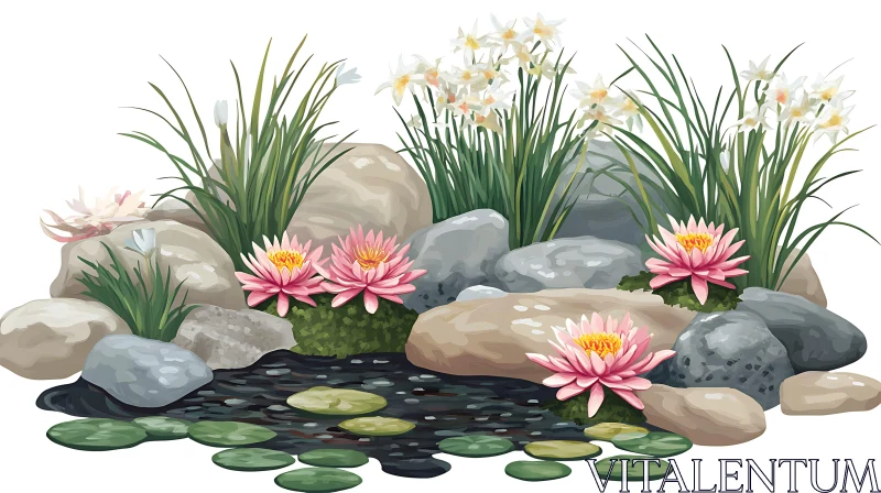 Pond Flowers and Rock Garden AI Image