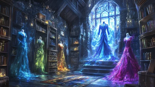 Glowing Dresses Display in Old Library