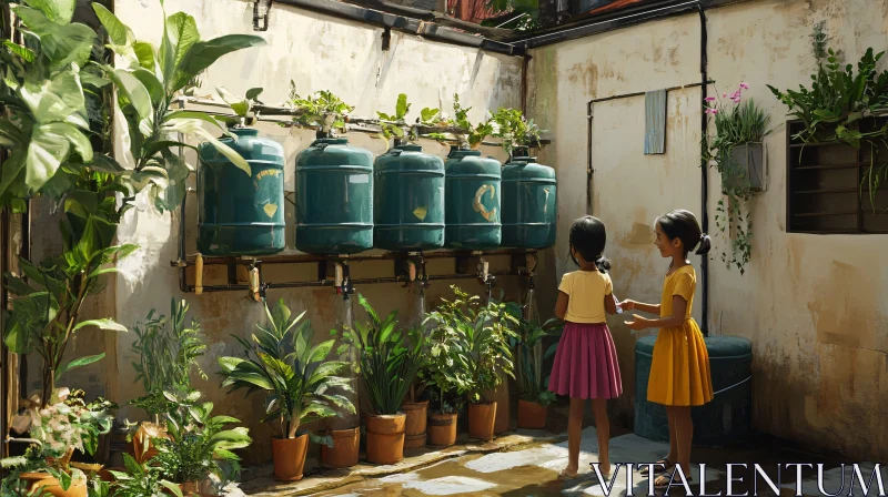 Courtyard Serenity: Children Amidst Greenery AI Image