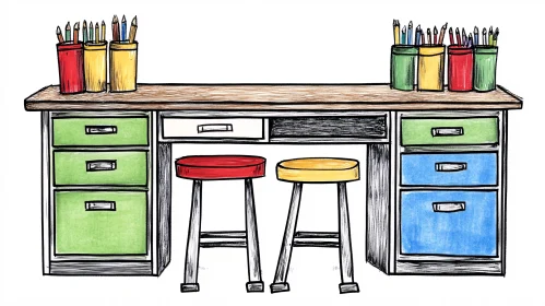 Playful Art Desk Illustration with Colorful Elements