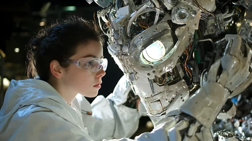 Cyborg head inspection by woman