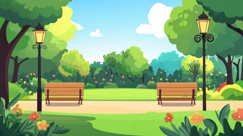 Peaceful Park with Benches and Flowers