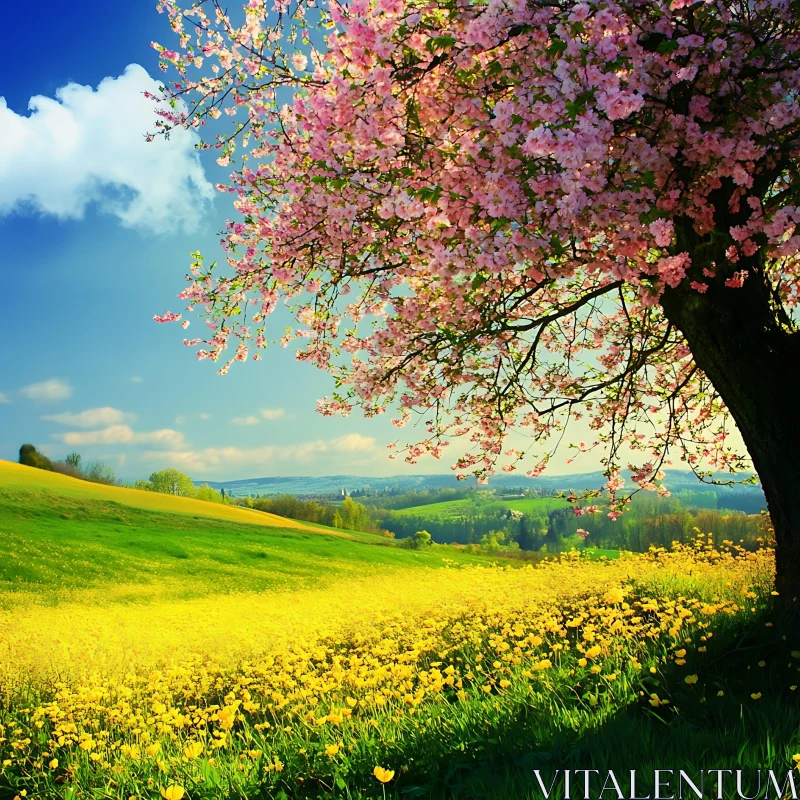 AI ART Pink Blossoms Overlooking Sunny Yellow Field