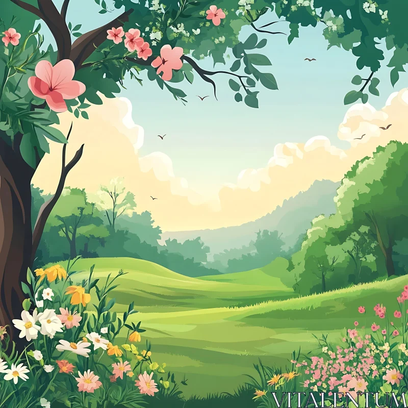 AI ART Floral Meadow Scene with Blooming Trees